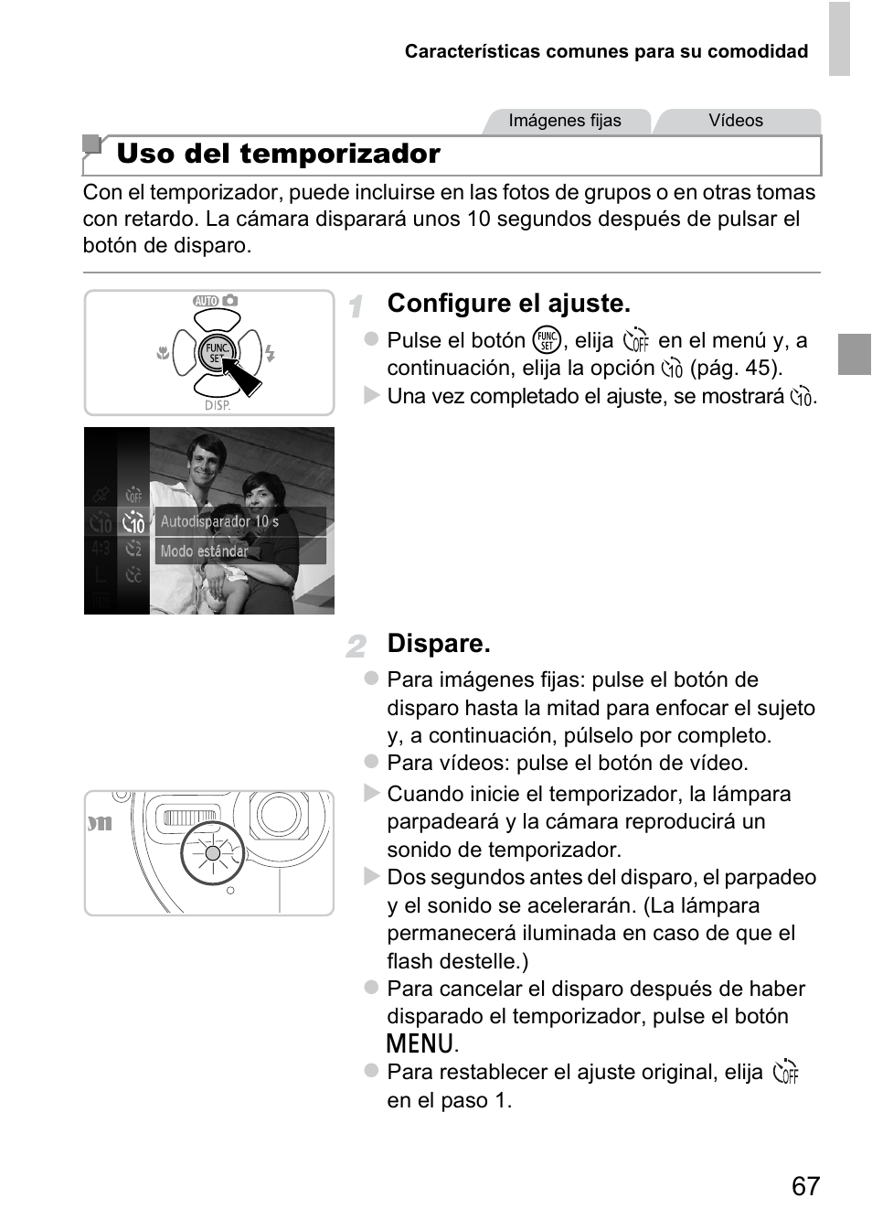 Uso del temporizador, Configure el ajuste, Dispare | Canon PowerShot D20 User Manual | Page 67 / 221