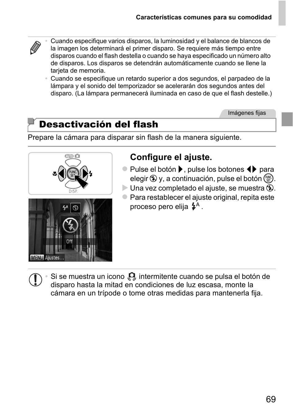 Desactivación del flash, Configure el ajuste | Canon PowerShot D20 User Manual | Page 69 / 221