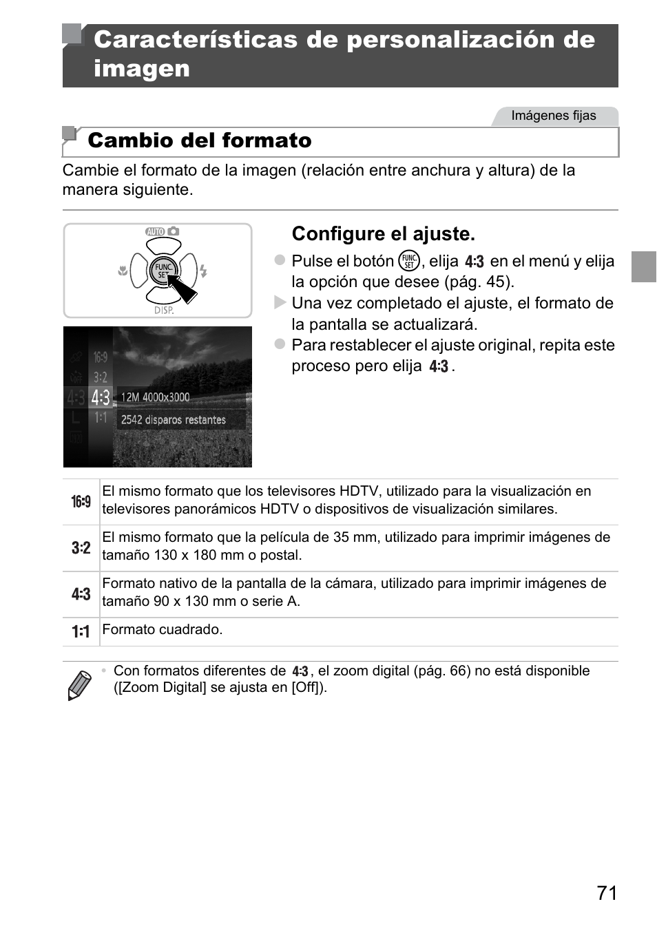 Características de personalización de imagen, Características de personalización, De imagen | Cambio del formato, Configure el ajuste | Canon PowerShot D20 User Manual | Page 71 / 221