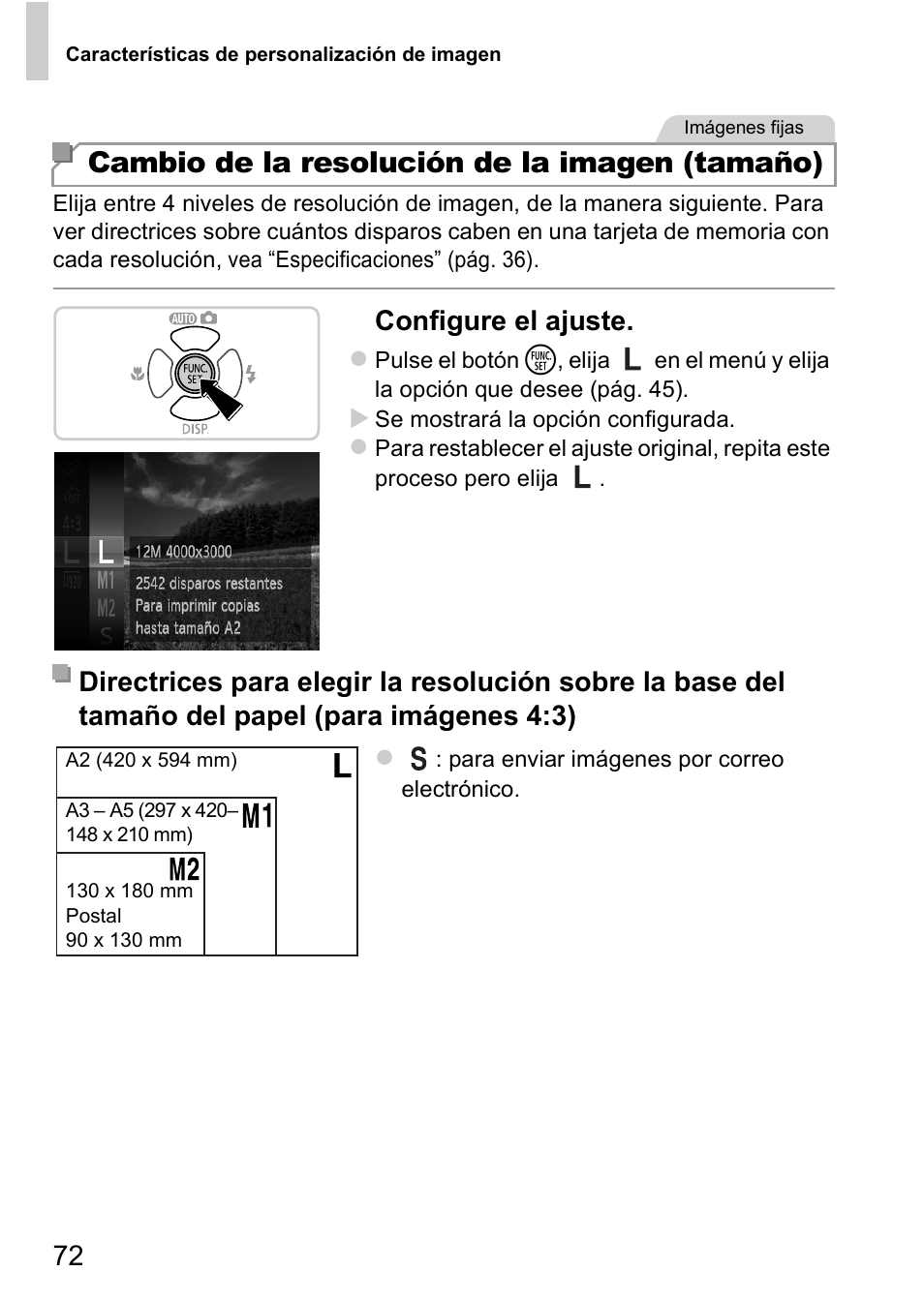 Cambio de la resolución de la imagen (tamaño), Configure el ajuste | Canon PowerShot D20 User Manual | Page 72 / 221