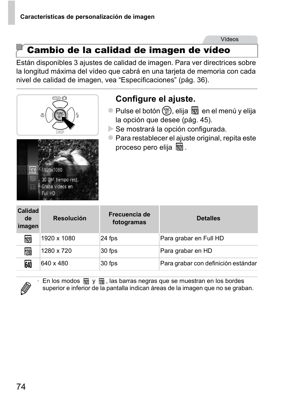 Cambio de la calidad de imagen de vídeo, Configure el ajuste | Canon PowerShot D20 User Manual | Page 74 / 221