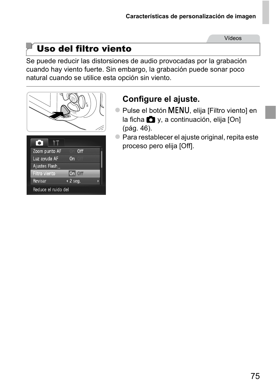 Uso del filtro viento, Configure el ajuste | Canon PowerShot D20 User Manual | Page 75 / 221