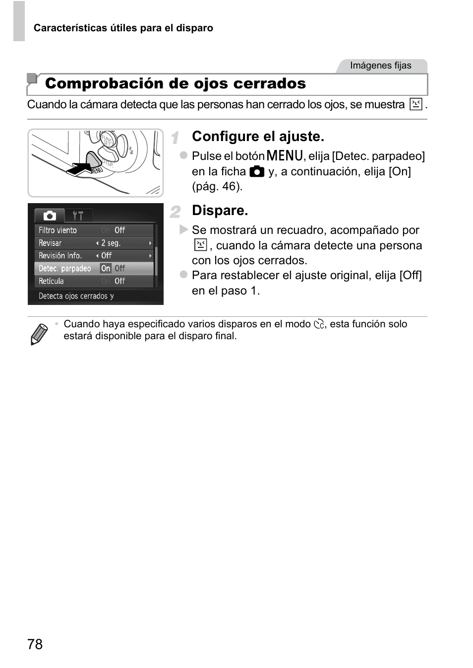 Comprobación de ojos cerrados, Configure el ajuste, Dispare | Canon PowerShot D20 User Manual | Page 78 / 221