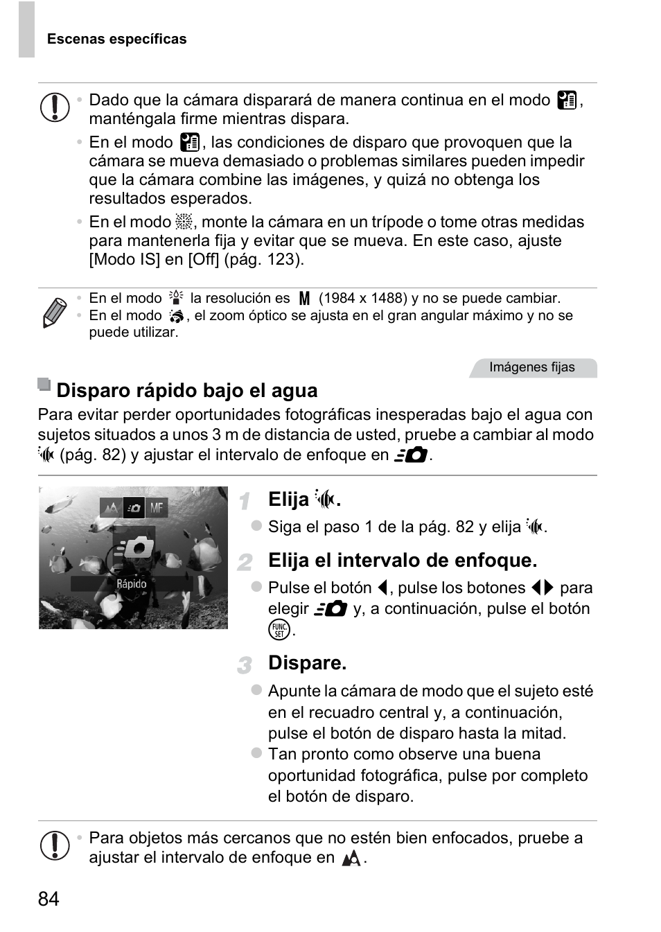 Elija s, Elija el intervalo de enfoque, Dispare | Disparo rápido bajo el agua | Canon PowerShot D20 User Manual | Page 84 / 221