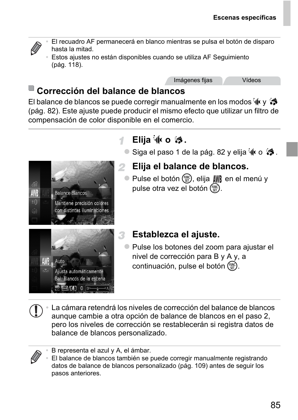 Elija s o, Elija el balance de blancos, Establezca el ajuste | Corrección del balance de blancos | Canon PowerShot D20 User Manual | Page 85 / 221