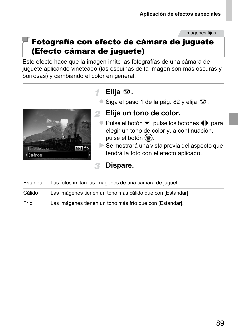 Uete (pág. 89), Elija, Elija un tono de color | Dispare | Canon PowerShot D20 User Manual | Page 89 / 221