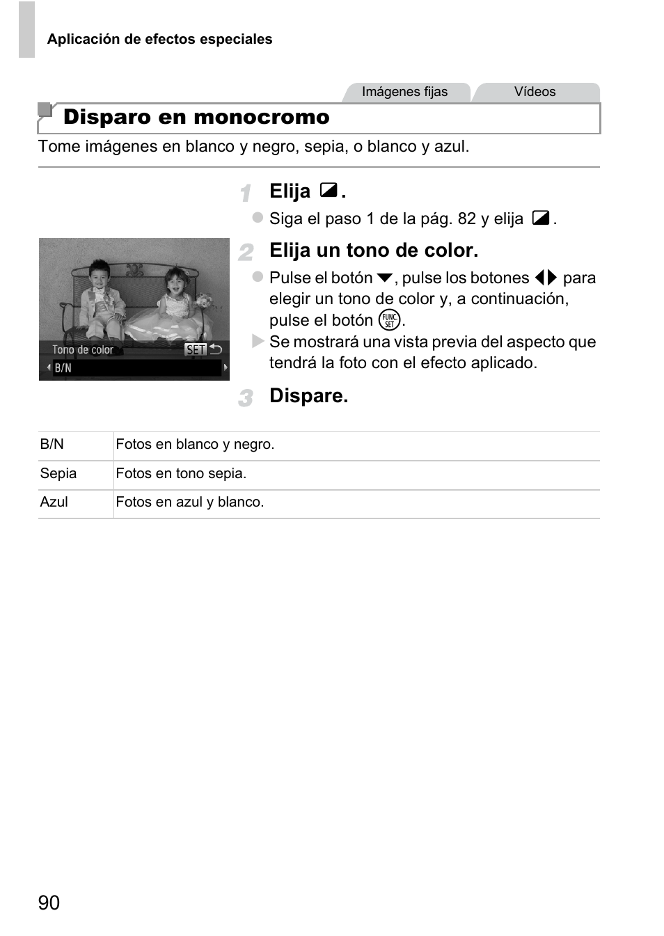Pág. 90), Disparo en monocromo, Elija | Elija un tono de color, Dispare | Canon PowerShot D20 User Manual | Page 90 / 221
