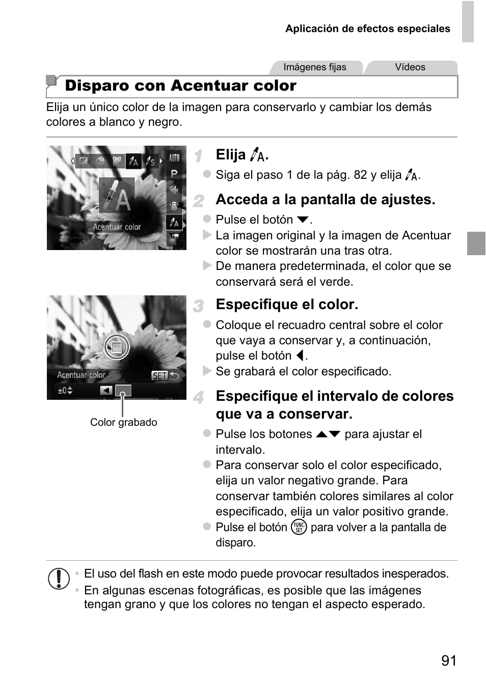 Disparo con acentuar color, Elija t, Acceda a la pantalla de ajustes | Especifique el color | Canon PowerShot D20 User Manual | Page 91 / 221