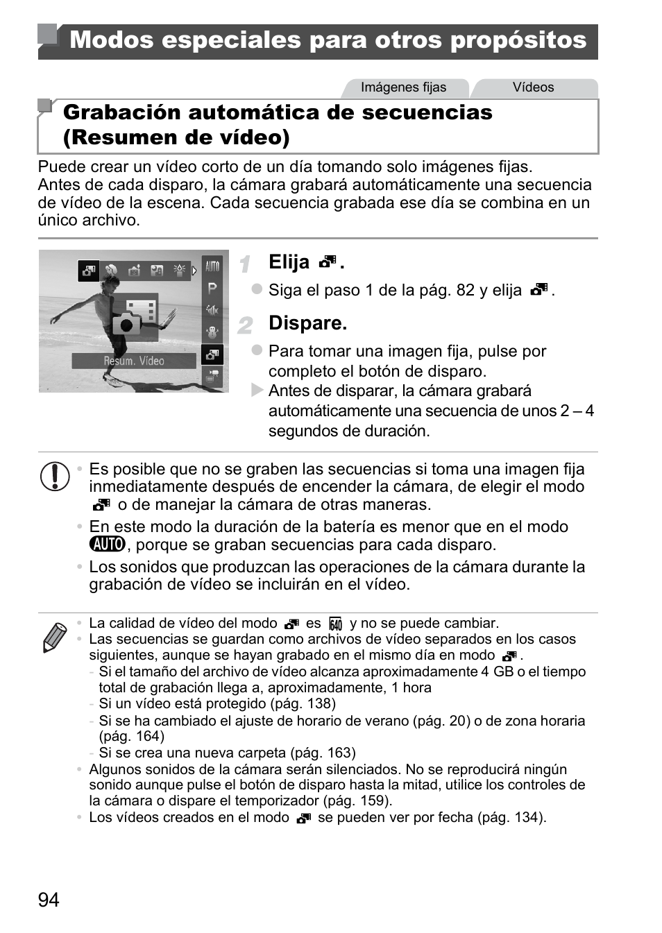 Modos especiales para otros propósitos, Modos especiales para otros, Propósitos | Pág. 94), el, Elija, Dispare | Canon PowerShot D20 User Manual | Page 94 / 221