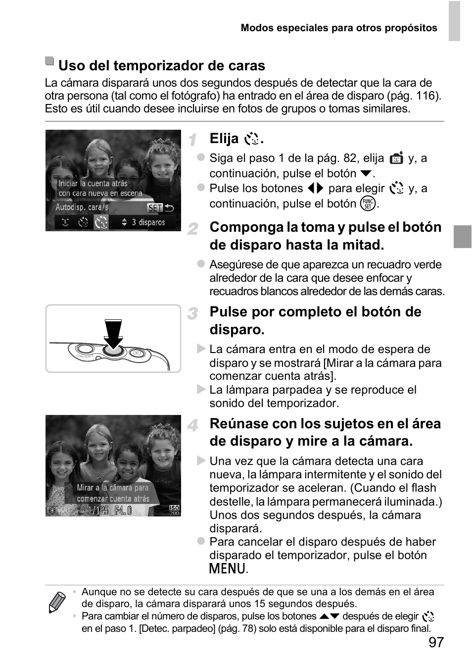 Elija, Pulse por completo el botón de disparo, Uso del temporizador de caras | Canon PowerShot D20 User Manual | Page 97 / 221