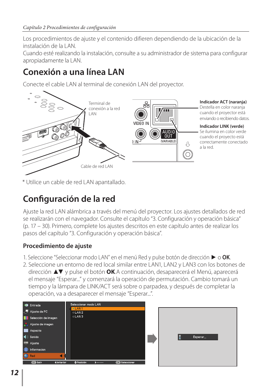 Conexión a una línea lan, Configuración de la red | Canon LV-7292A User Manual | Page 12 / 60