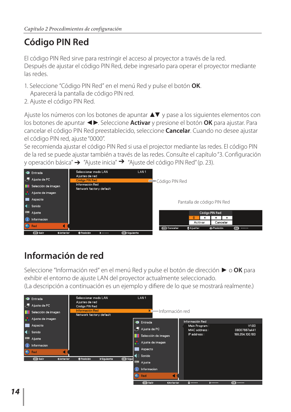 Código pin red, Información de red, Código pin red información de red | Canon LV-7292A User Manual | Page 14 / 60