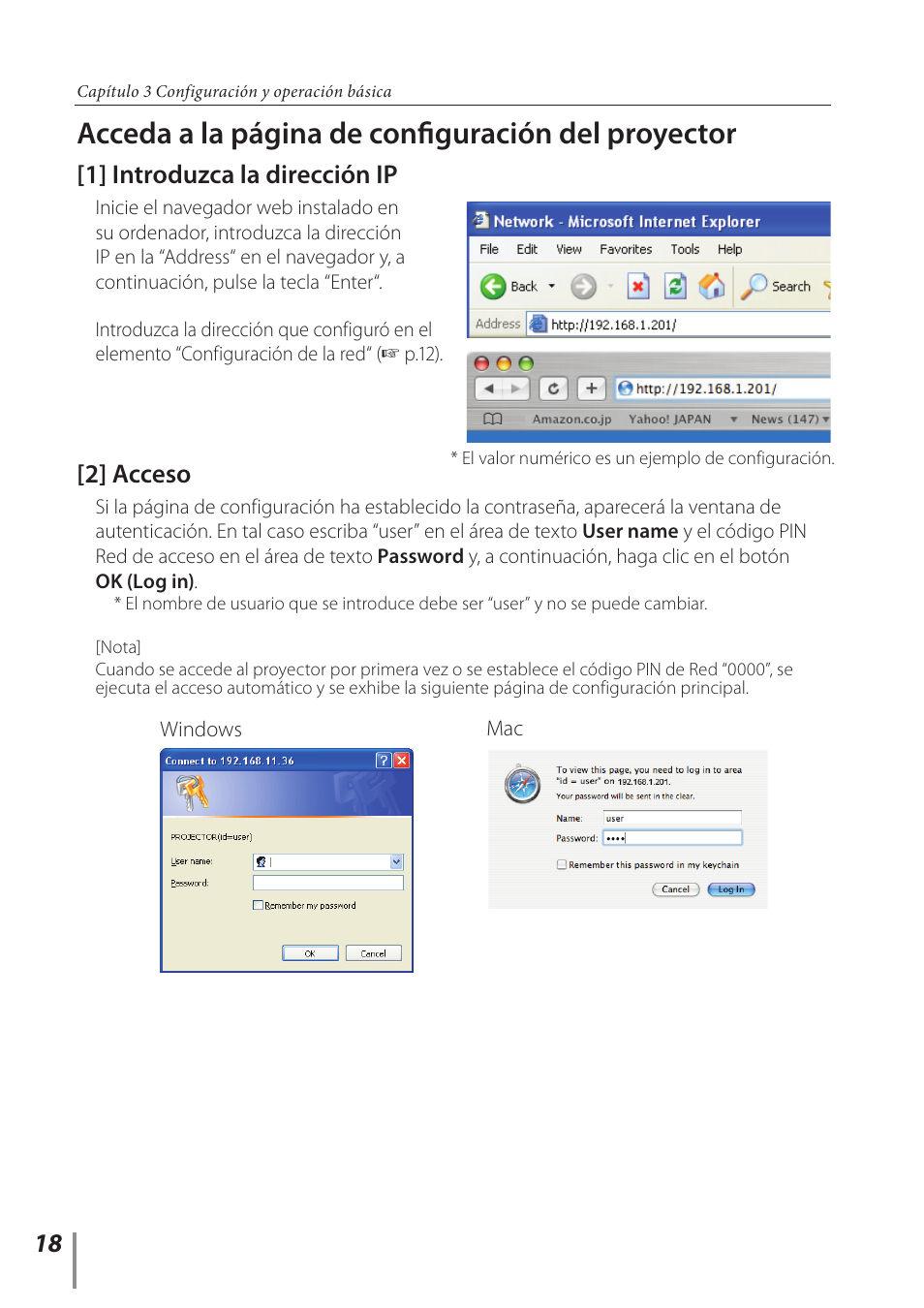 1] introduzca la dirección ip, 2] acceso, Acceda a la página de configuración del proyector | Canon LV-7292A User Manual | Page 18 / 60