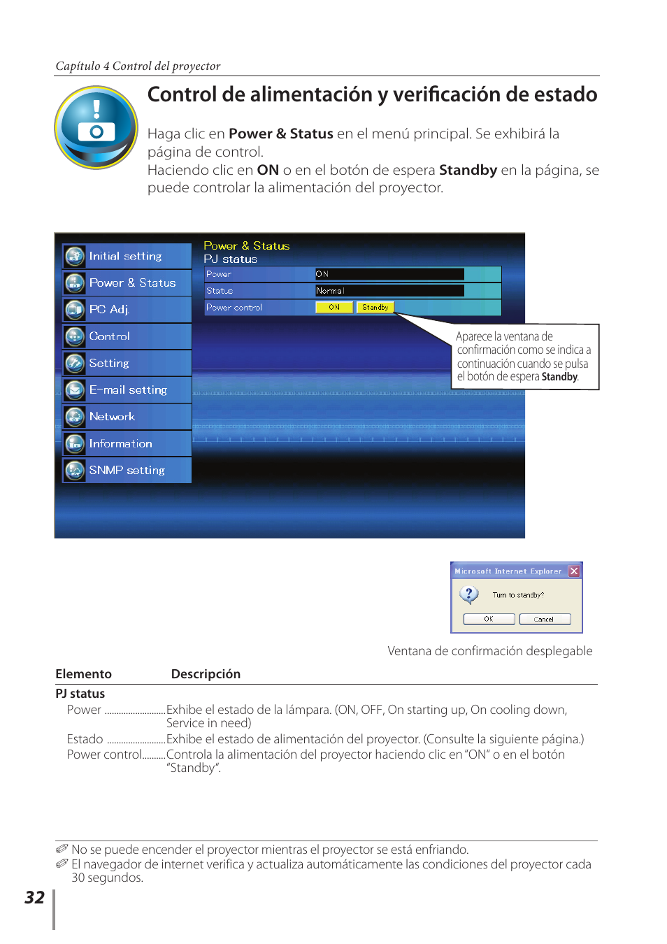 Control de alimentación y verificación de estado | Canon LV-7292A User Manual | Page 32 / 60