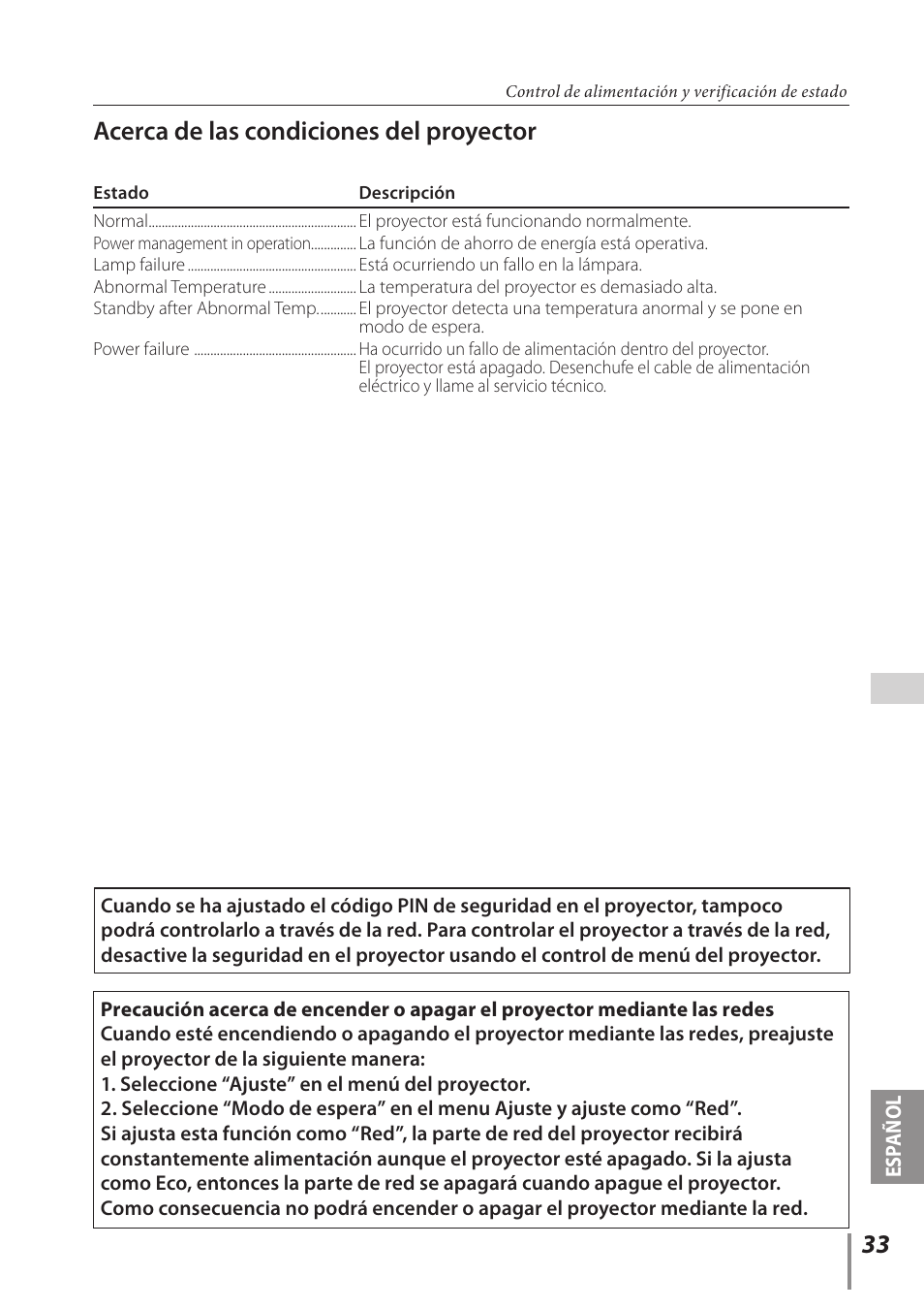 Acerca de las condiciones del proyector | Canon LV-7292A User Manual | Page 33 / 60