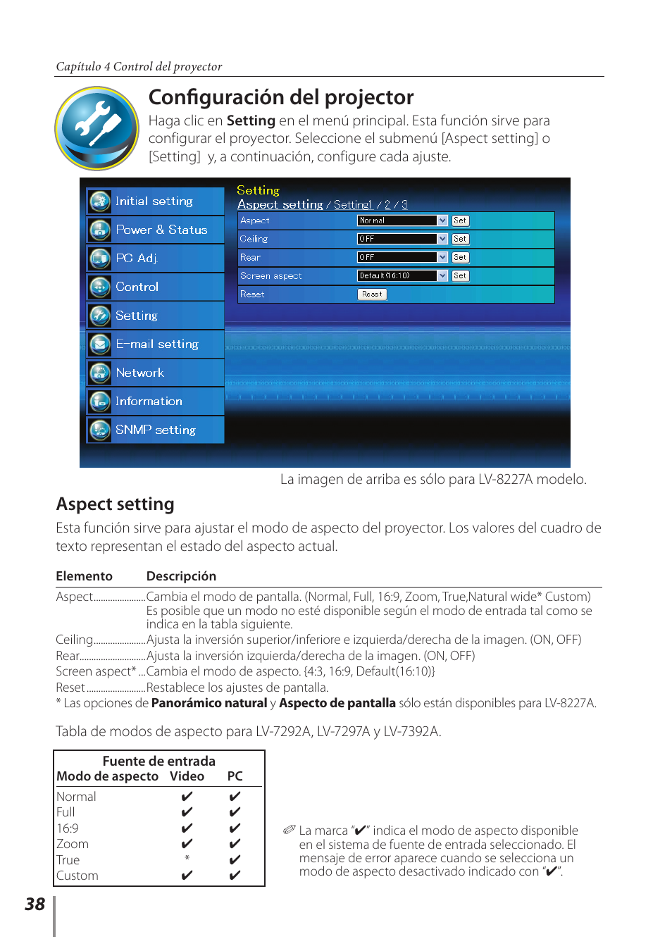 Configuración del projector, Aspect setting | Canon LV-7292A User Manual | Page 38 / 60