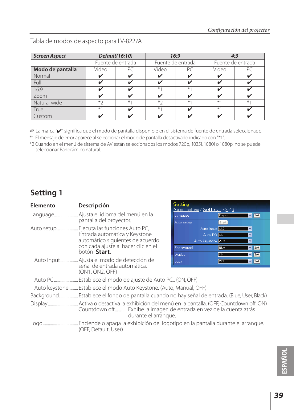 Setting 1, Esp añol | Canon LV-7292A User Manual | Page 39 / 60