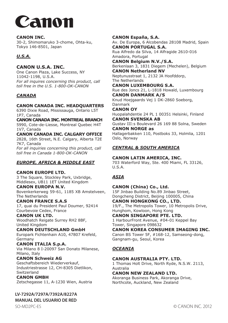 Canon inc. 2012 | Canon LV-7292A User Manual | Page 60 / 60