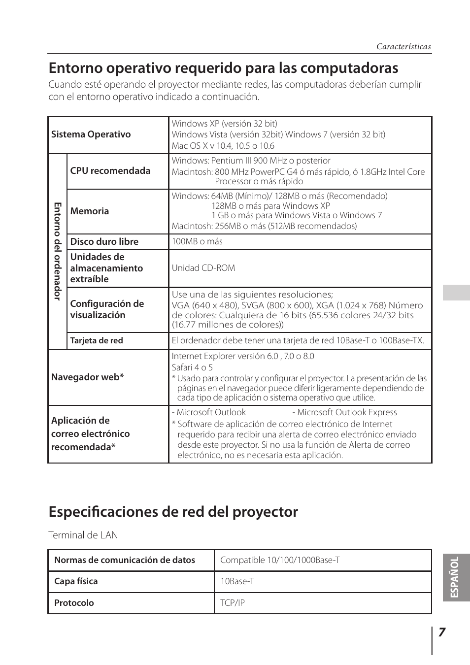 Entorno operativo requerido para las computadoras, Especificaciones de red del proyector | Canon LV-7292A User Manual | Page 7 / 60