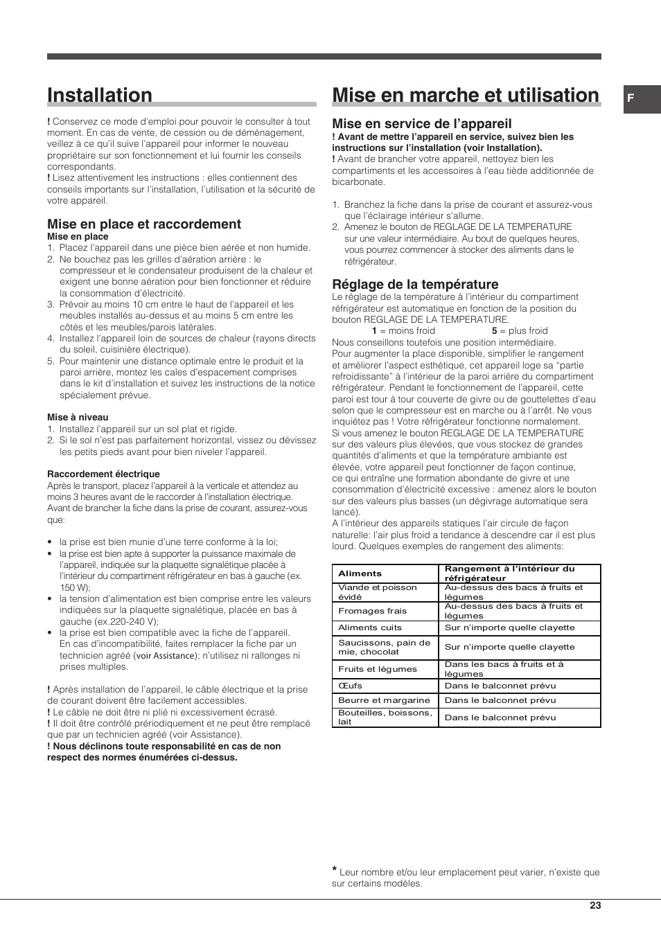 Installation, Mise en marche et utilisation, Mise en place et raccordement | Mise en service de l’appareil, Réglage de la température | Hotpoint Ariston Doppia Porta ETM 17321 V O3 User Manual | Page 23 / 62