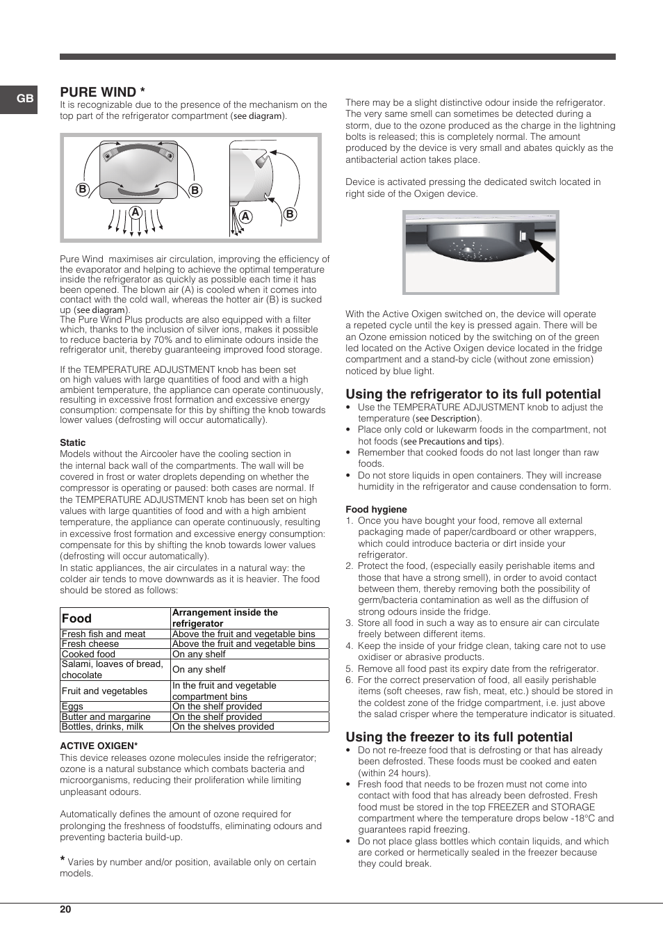 Pure wind, Using the refrigerator to its full potential, Using the freezer to its full potential | Food | Hotpoint Ariston Combinato EBMH 18311 V O3 User Manual | Page 20 / 64