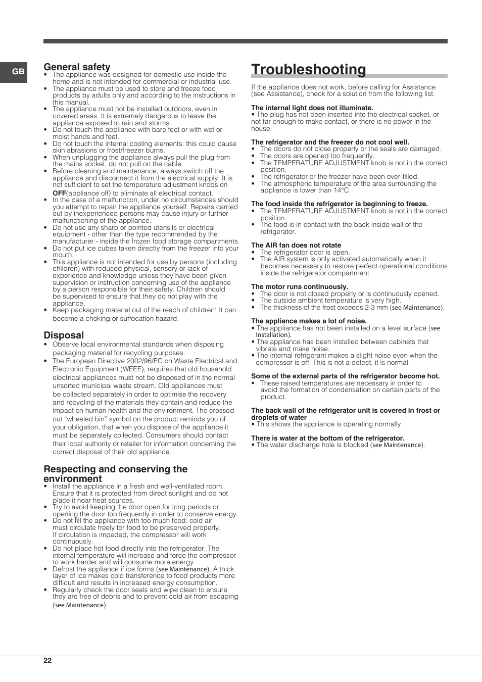 Troubleshooting, General safety, Disposal | Respecting and conserving the environment | Hotpoint Ariston Combinato EBMH 18311 V O3 User Manual | Page 22 / 64