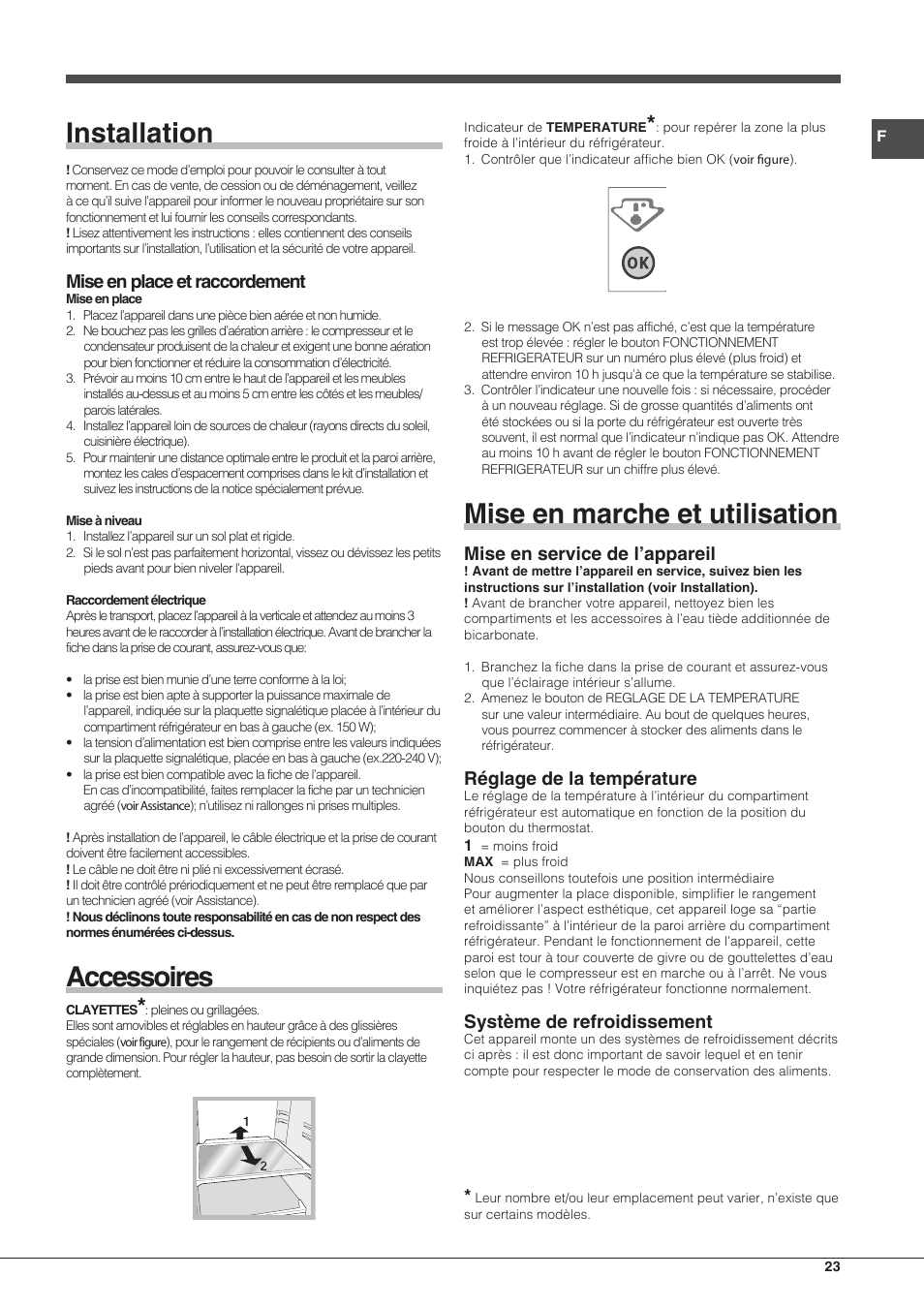 Installation, Accessoires, Mise en marche et utilisation | Mise en place et raccordement, Mise en service de l’appareil, Réglage de la température, Système de refroidissement | Hotpoint Ariston Combinato EBMH 18311 V O3 User Manual | Page 23 / 64