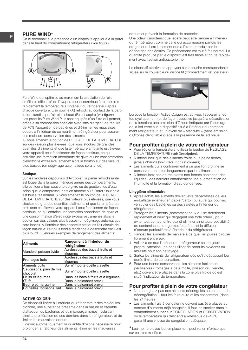 Pure wind, Pour profiter à plein de votre réfrigérateur, Pour profiter à plein de votre congélateur | Hotpoint Ariston Combinato EBMH 18311 V O3 User Manual | Page 24 / 64
