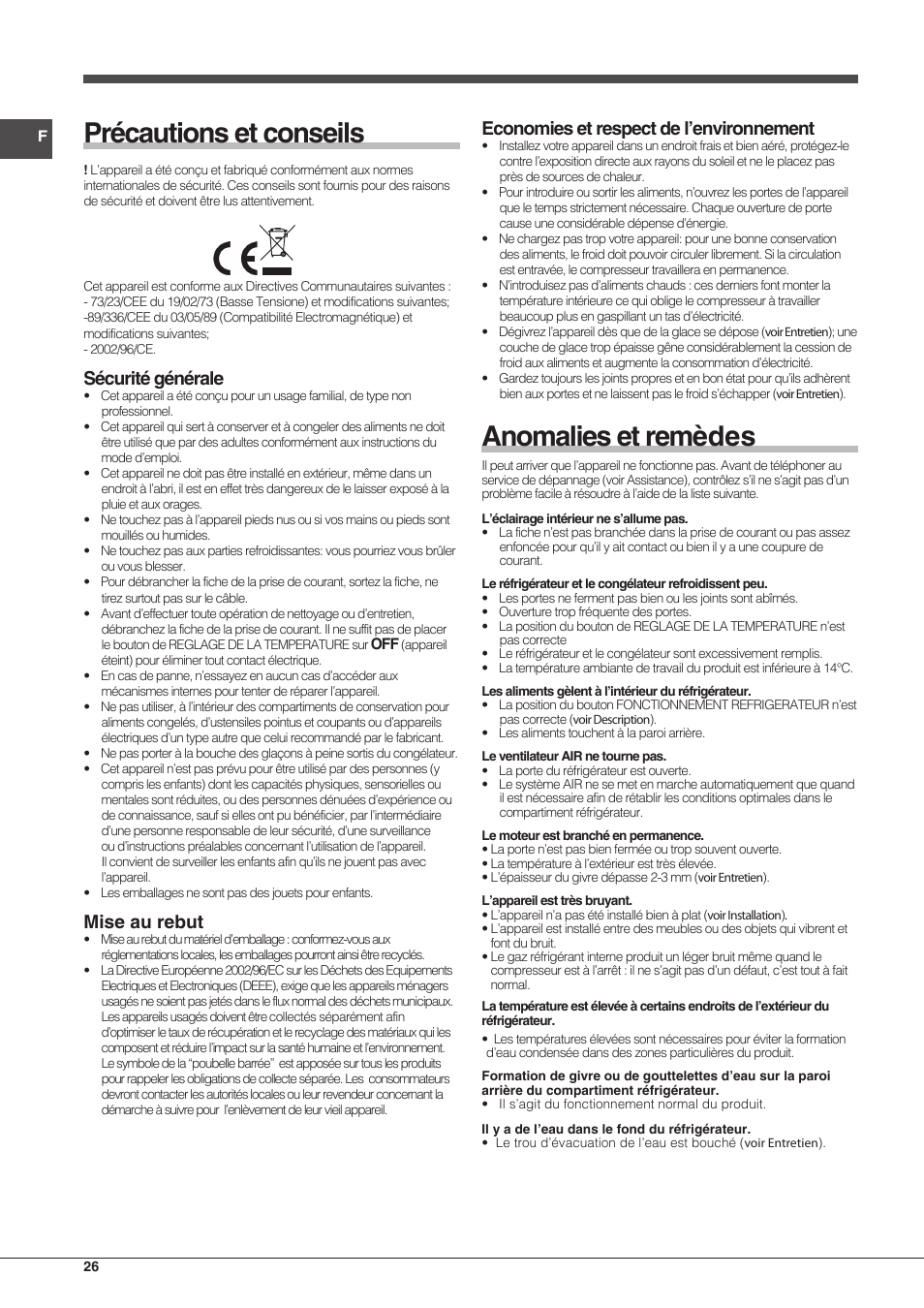 Précautions et conseils, Anomalies et remèdes, Sécurité générale | Mise au rebut, Economies et respect de l’environnement | Hotpoint Ariston Combinato EBMH 18311 V O3 User Manual | Page 26 / 64
