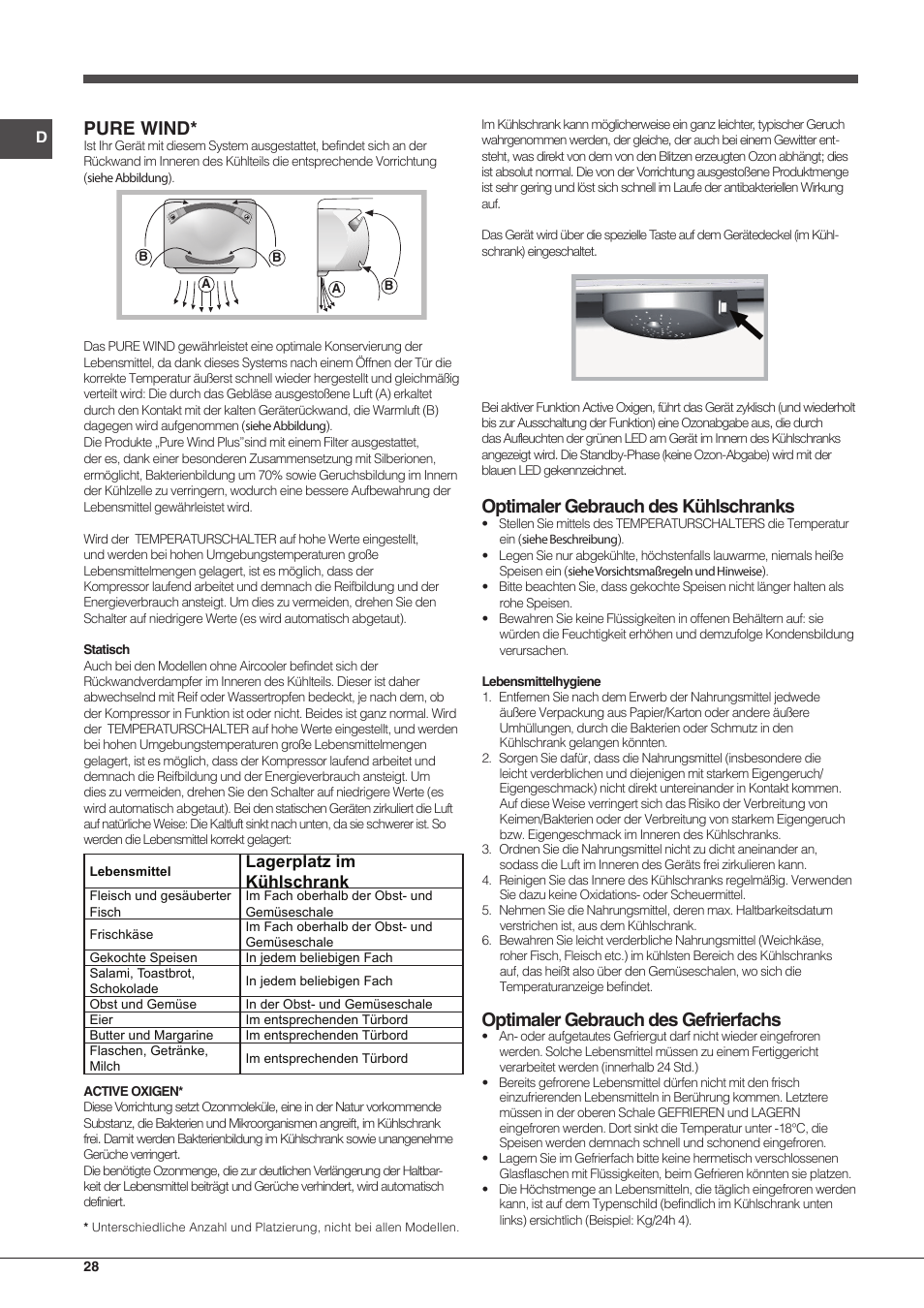 Pure wind, Optimaler gebrauch des kühlschranks, Optimaler gebrauch des gefrierfachs | Lagerplatz im kühlschrank | Hotpoint Ariston Combinato EBMH 18311 V O3 User Manual | Page 28 / 64
