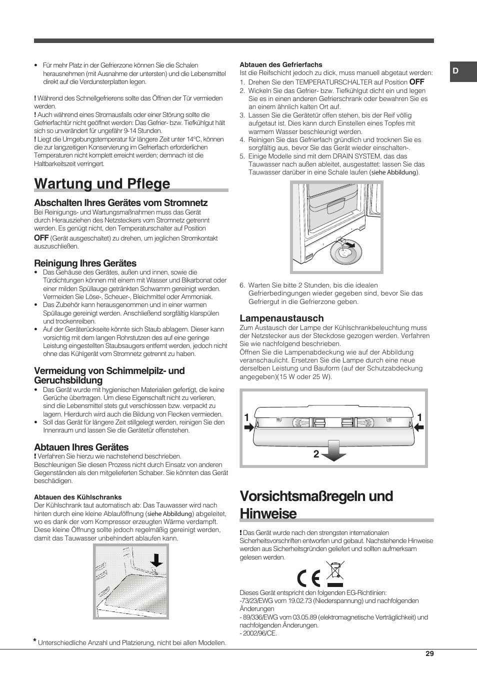 Wartung und pflege, Vorsichtsmaßregeln und hinweise, Abschalten ihres gerätes vom stromnetz | Reinigung ihres gerätes, Vermeidung von schimmelpilz- und geruchsbildung, Abtauen ihres gerätes, Lampenaustausch | Hotpoint Ariston Combinato EBMH 18311 V O3 User Manual | Page 29 / 64