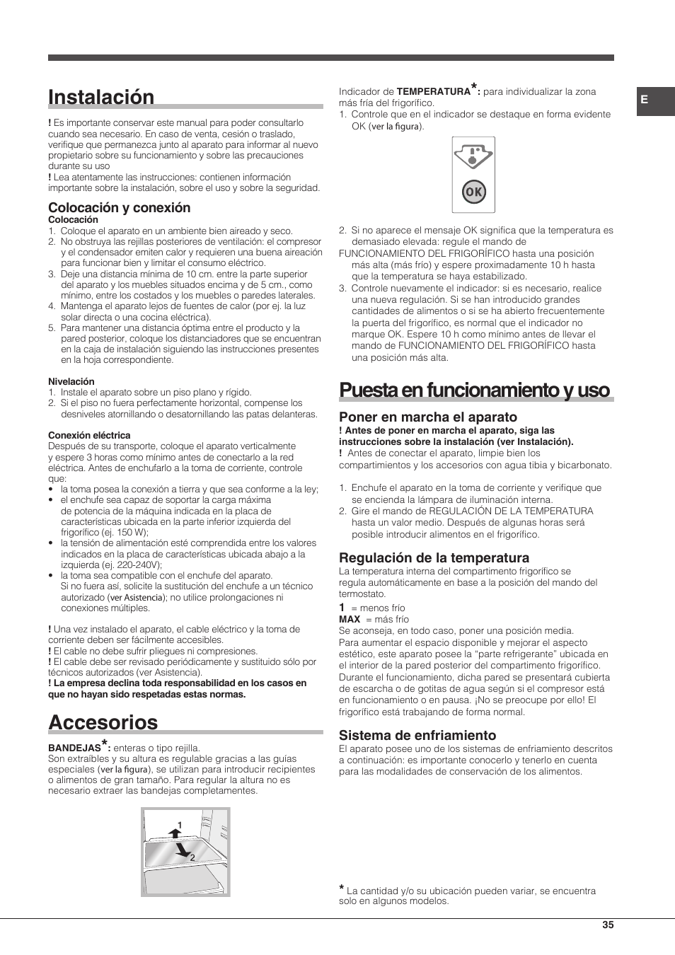 Instalación, Accesorios, Puesta en funcionamiento y uso | Colocación y conexión, Poner en marcha el aparato, Regulación de la temperatura, Sistema de enfriamiento | Hotpoint Ariston Combinato EBMH 18311 V O3 User Manual | Page 35 / 64