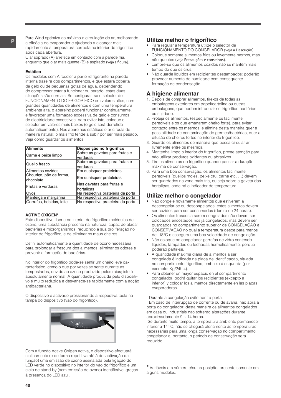 Utilize melhor o frigorífico, A higiene alimentar, Utilize melhor o congelador | Hotpoint Ariston Combinato EBMH 18311 V O3 User Manual | Page 40 / 64