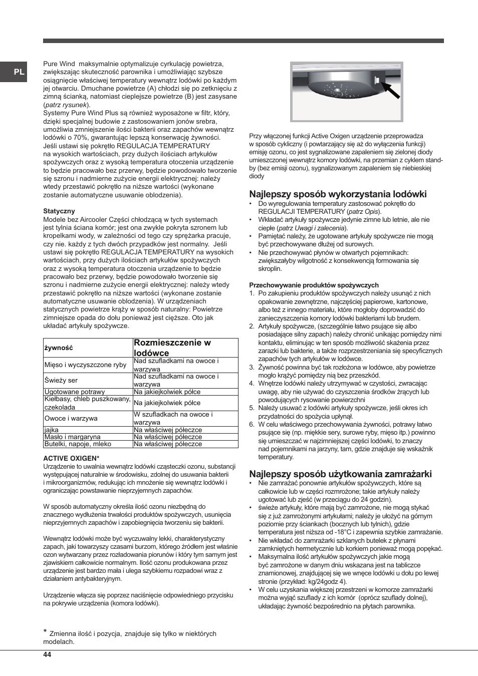 Najlepszy sposób wykorzystania lodówki, Najlepszy sposób użytkowania zamrażarki, Rozmieszczenie w lodówce | Hotpoint Ariston Combinato EBMH 18311 V O3 User Manual | Page 44 / 64