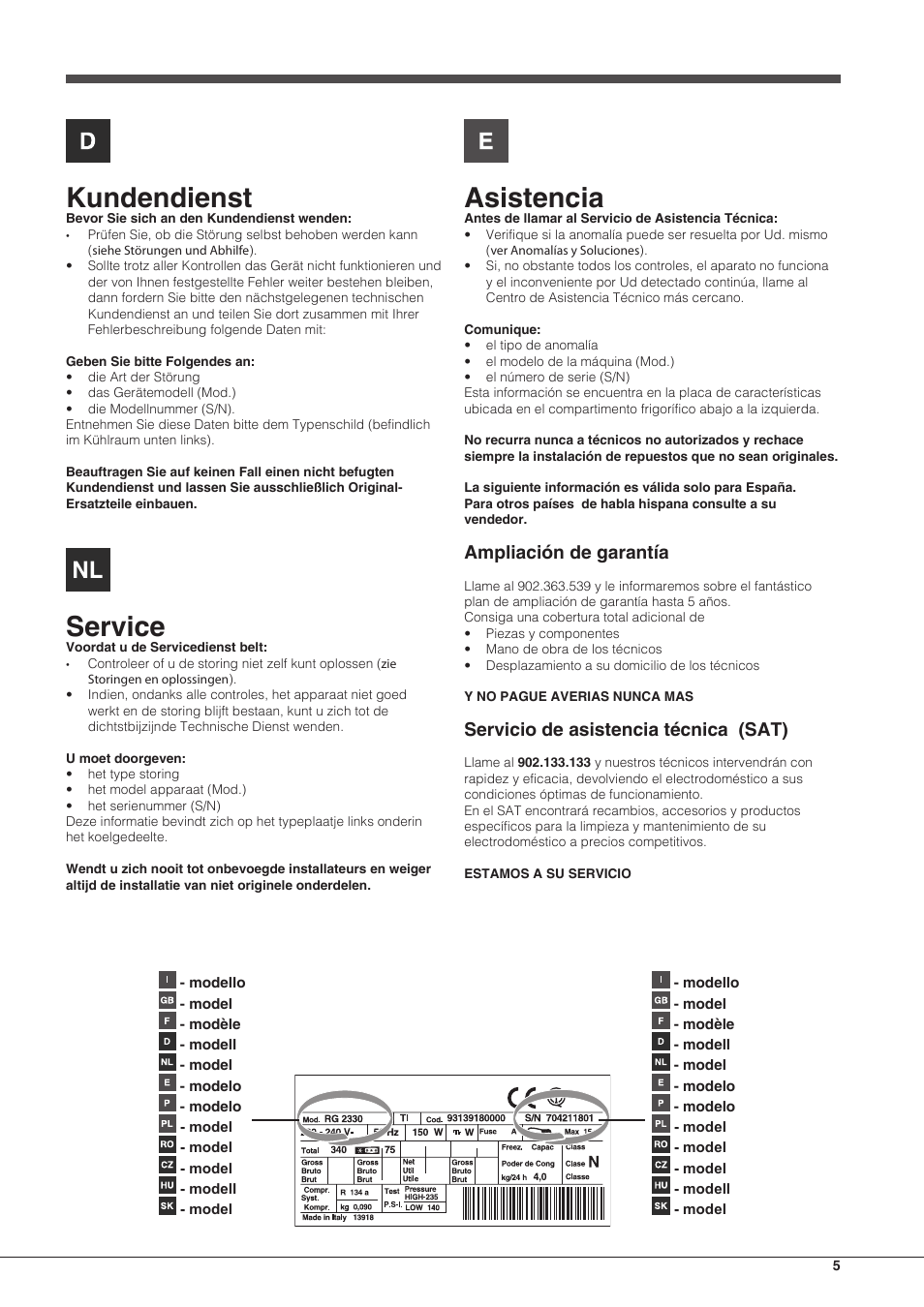 Kundendienst, Service, Asistencia | Ampliación de garantía, Servicio de asistencia técnica (sat) | Hotpoint Ariston Combinato EBMH 18311 V O3 User Manual | Page 5 / 64