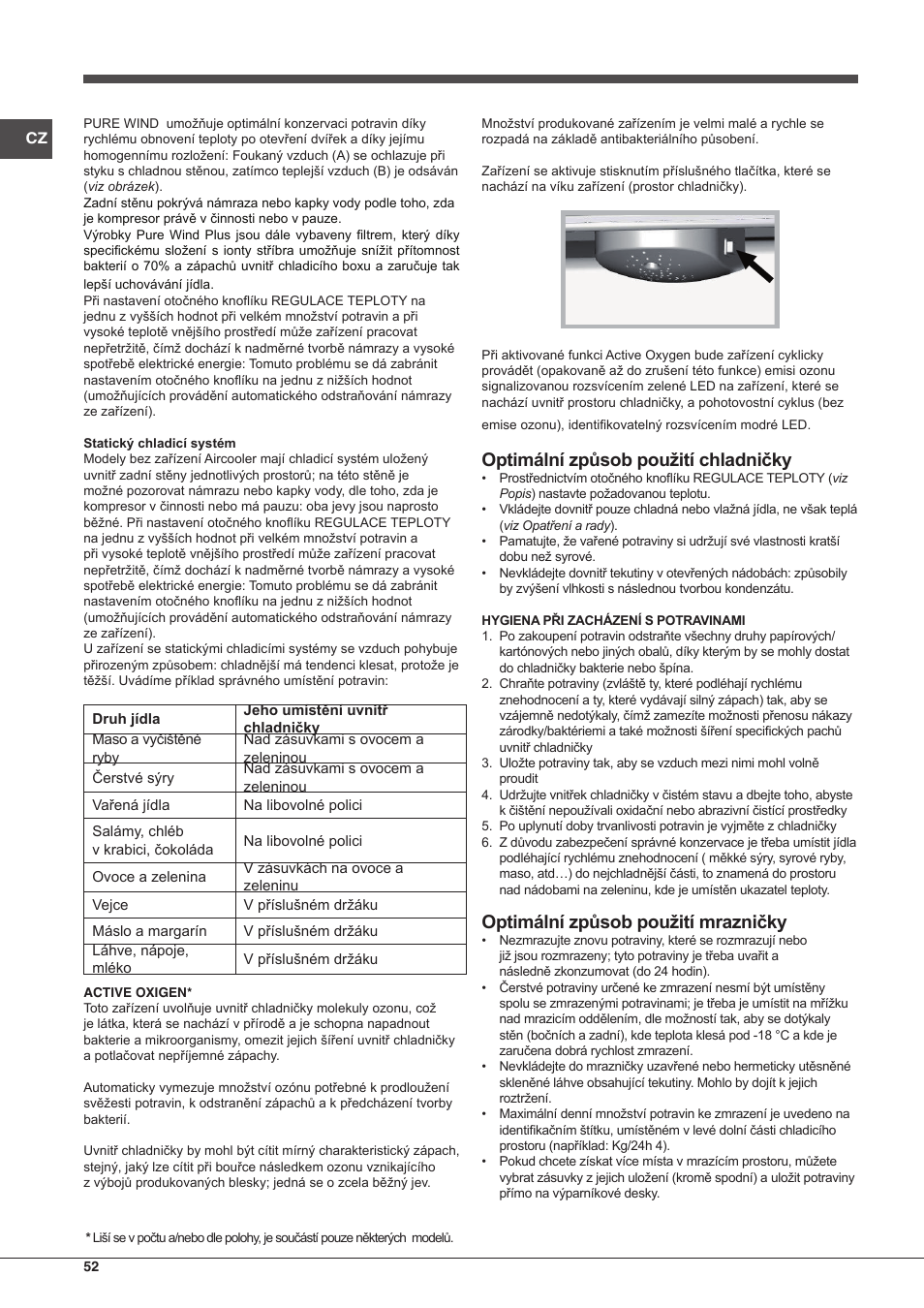 Optimální způsob použití chladničky, Optimální způsob použití mrazničky | Hotpoint Ariston Combinato EBMH 18311 V O3 User Manual | Page 52 / 64