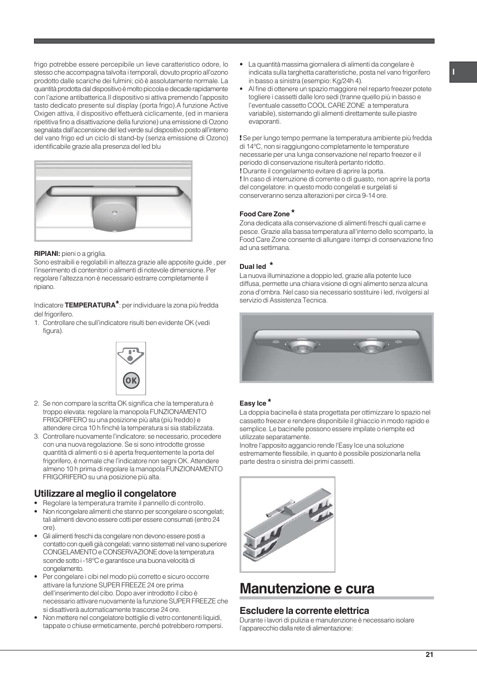 Manutenzione e cura, Utilizzare al meglio il congelatore, Escludere la corrente elettrica | Hotpoint Ariston EBYH 18223 03 F User Manual | Page 21 / 64