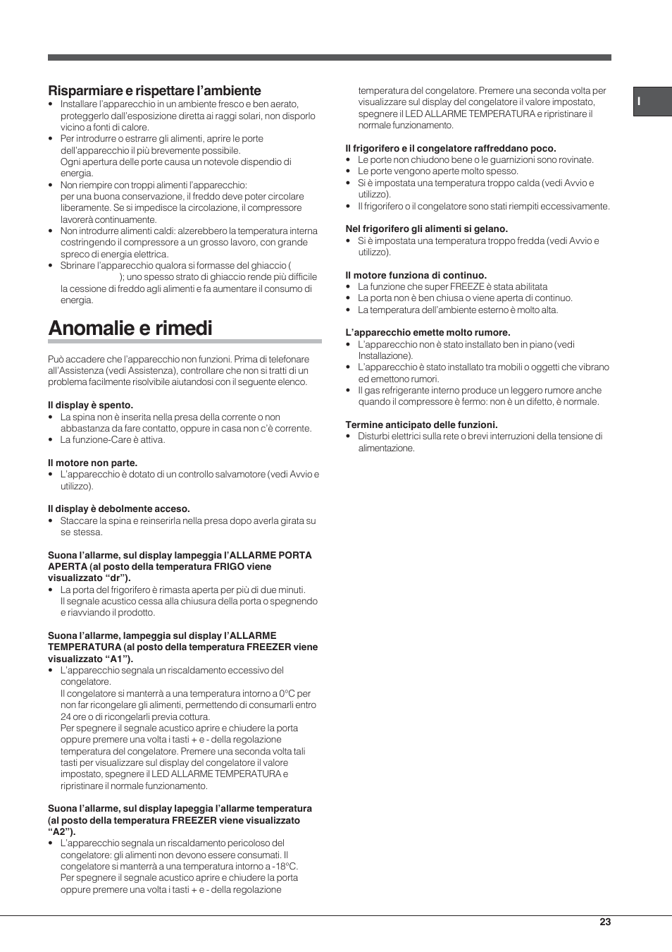 Anomalie e rimedi, Risparmiare e rispettare l’ambiente | Hotpoint Ariston EBYH 18223 03 F User Manual | Page 23 / 64