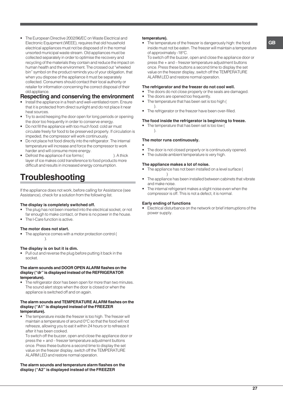 Troubleshooting, Respecting and conserving the environment | Hotpoint Ariston EBYH 18223 03 F User Manual | Page 27 / 64