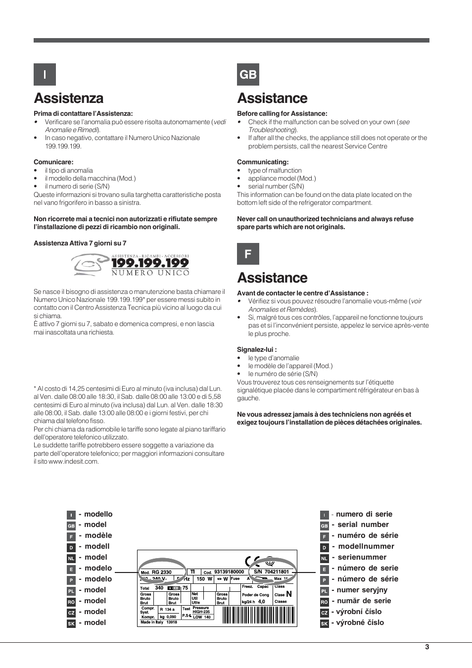 Assistenza, Assistance | Hotpoint Ariston EBYH 18223 03 F User Manual | Page 3 / 64