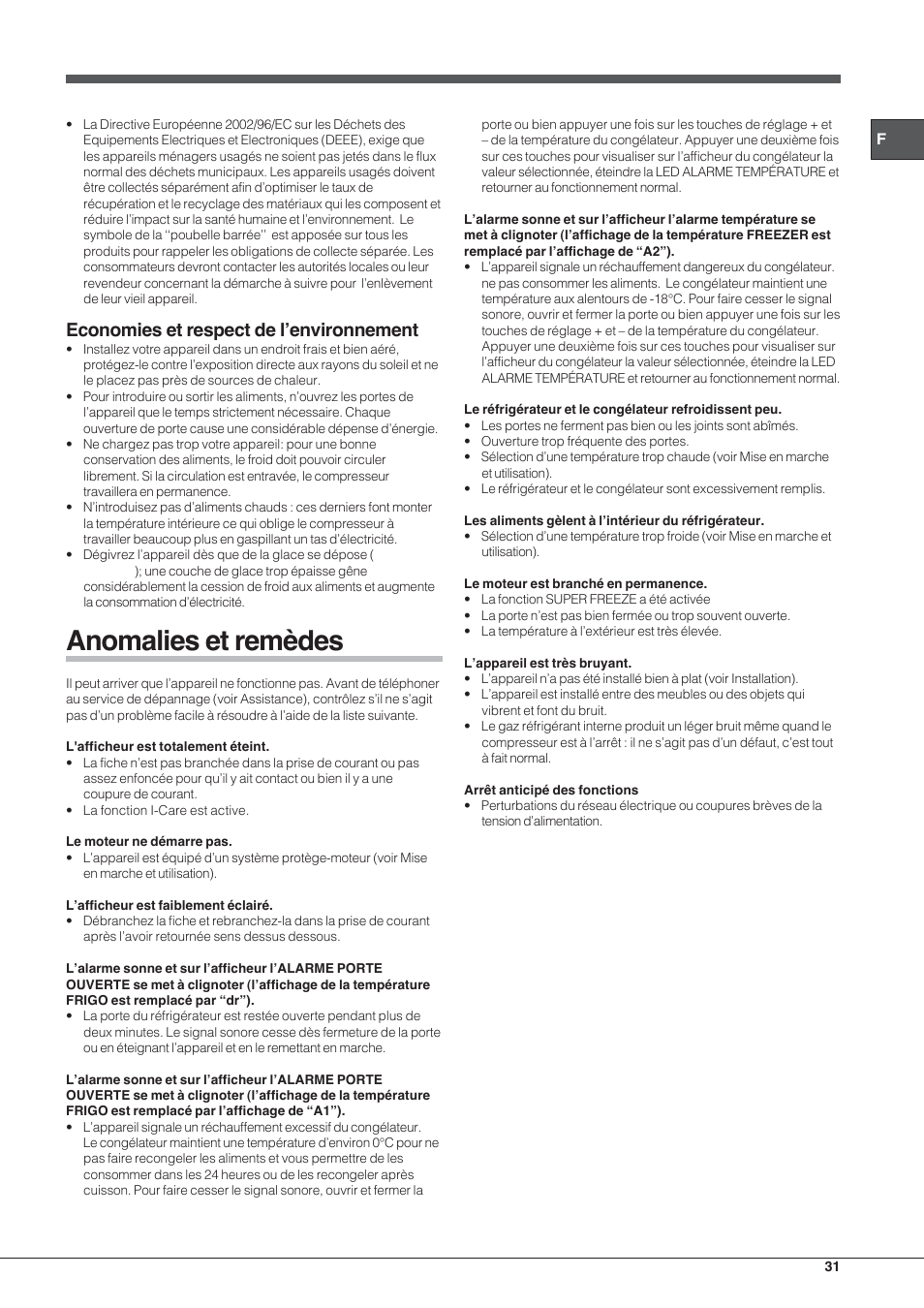 Anomalies et remèdes, Economies et respect de l’environnement | Hotpoint Ariston EBYH 18223 03 F User Manual | Page 31 / 64