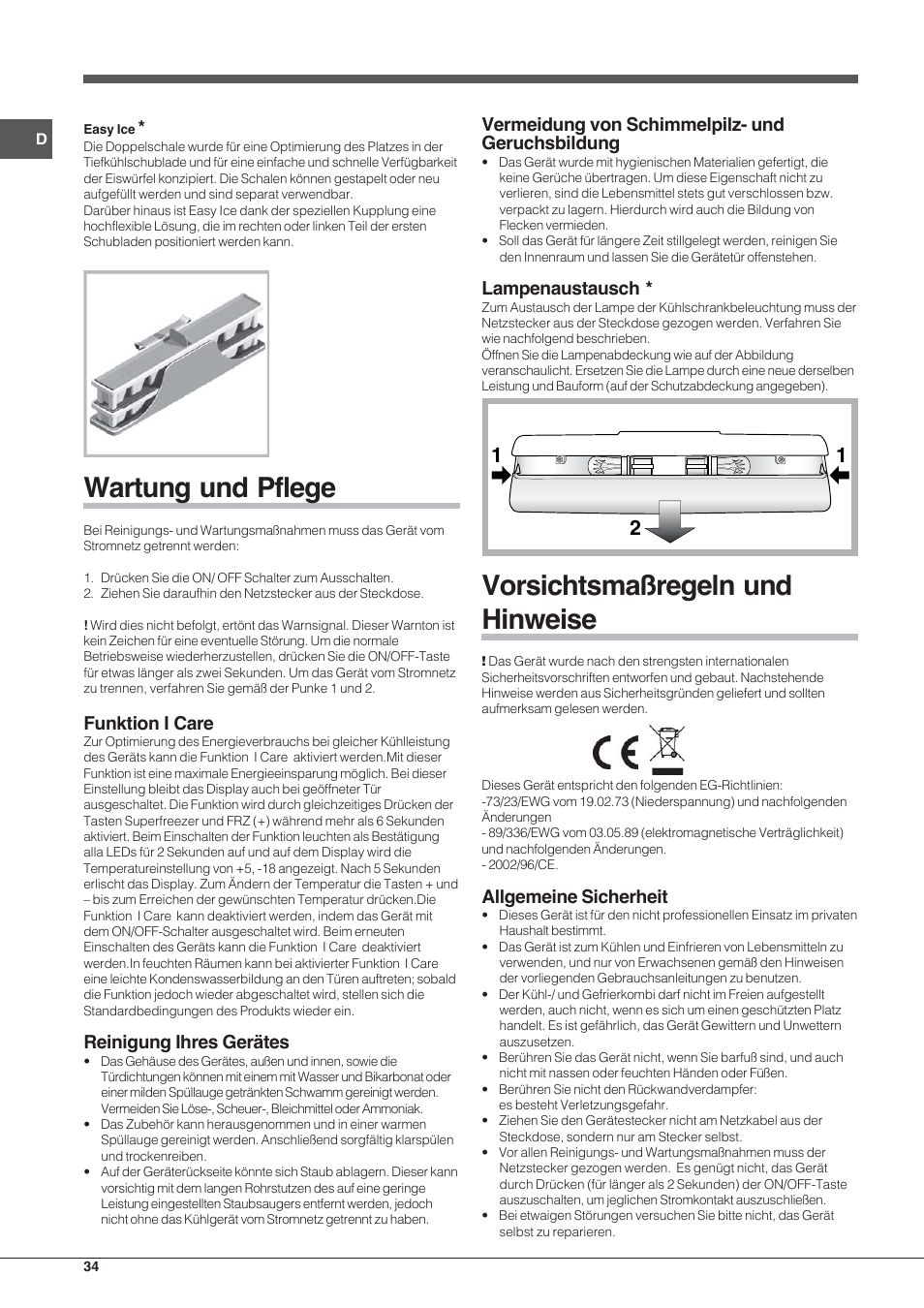 Wartung und pflege, Vorsichtsmaßregeln und hinweise, Funktion i care | Reinigung ihres gerätes, Vermeidung von schimmelpilz- und geruchsbildung, Lampenaustausch, Allgemeine sicherheit | Hotpoint Ariston EBYH 18223 03 F User Manual | Page 34 / 64