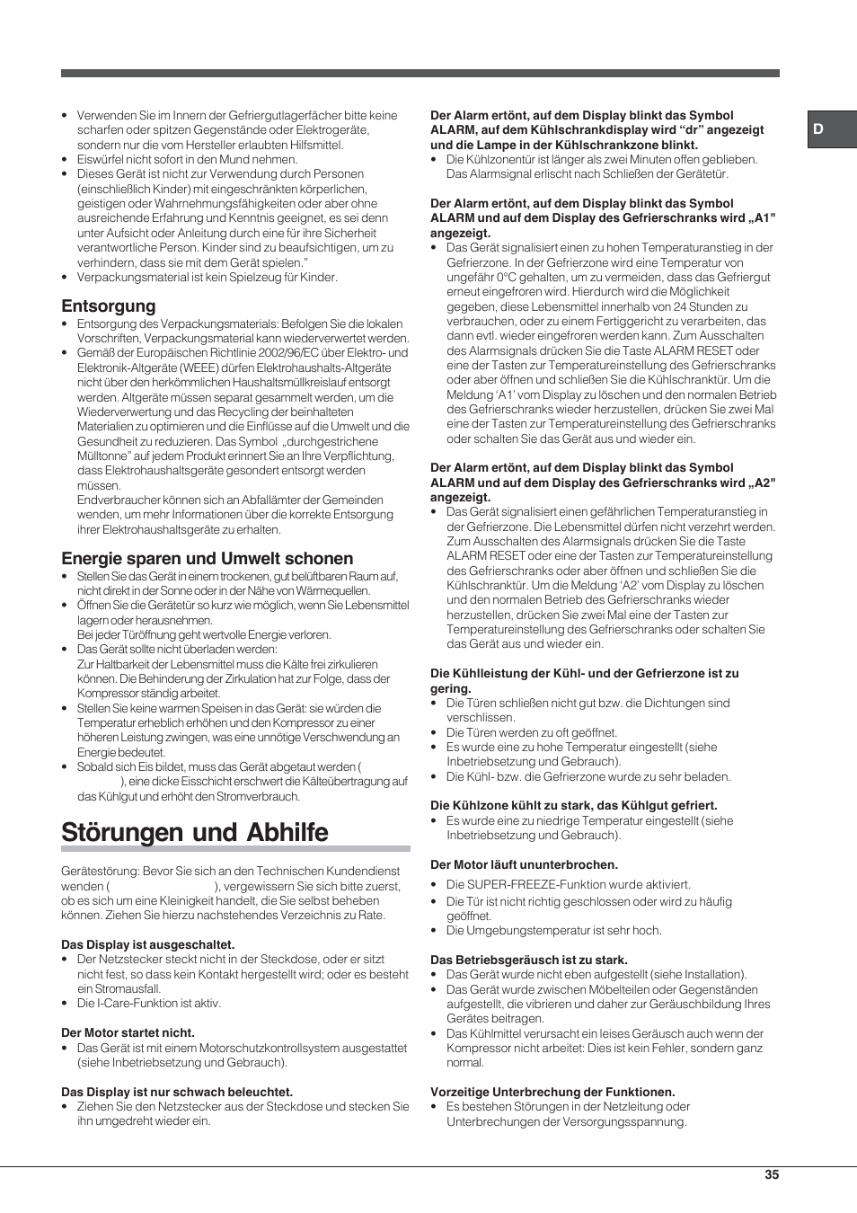 Störungen und abhilfe, Entsorgung, Energie sparen und umwelt schonen | Hotpoint Ariston EBYH 18223 03 F User Manual | Page 35 / 64