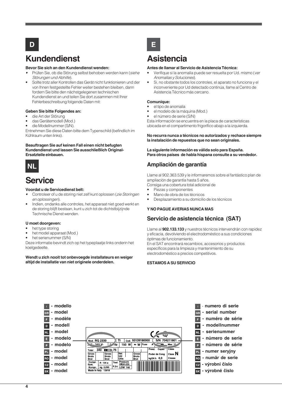 Kundendienst, Service, Asistencia | Ampliación de garantía, Servicio de asistencia técnica (sat) | Hotpoint Ariston EBYH 18223 03 F User Manual | Page 4 / 64