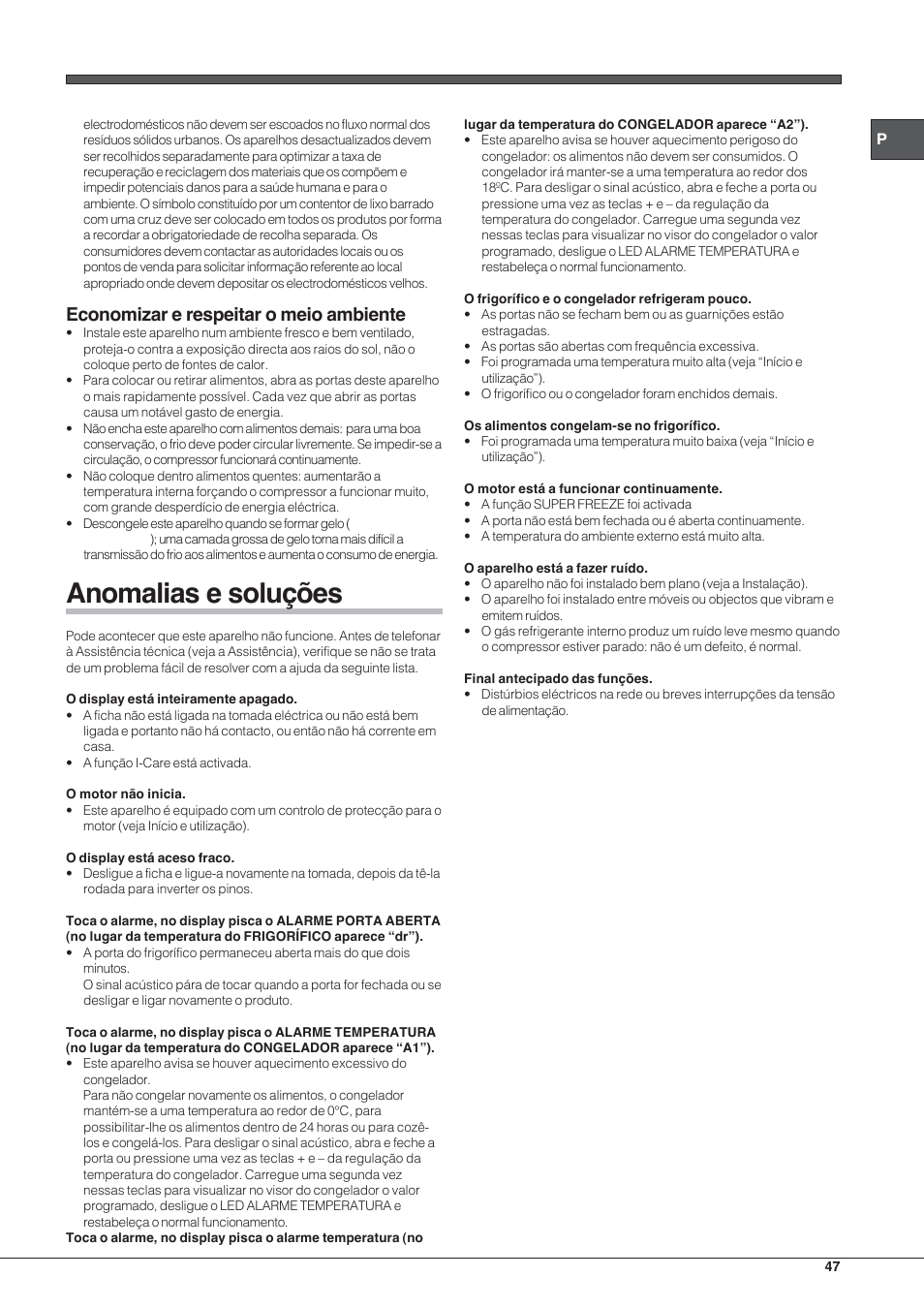 Anomalias e soluções, Economizar e respeitar o meio ambiente | Hotpoint Ariston EBYH 18223 03 F User Manual | Page 47 / 64