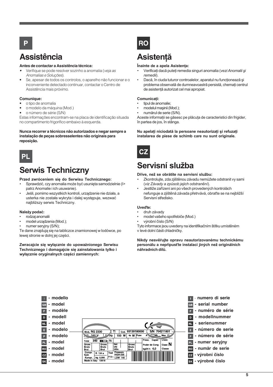 Assistência | Hotpoint Ariston EBYH 18223 03 F User Manual | Page 5 / 64