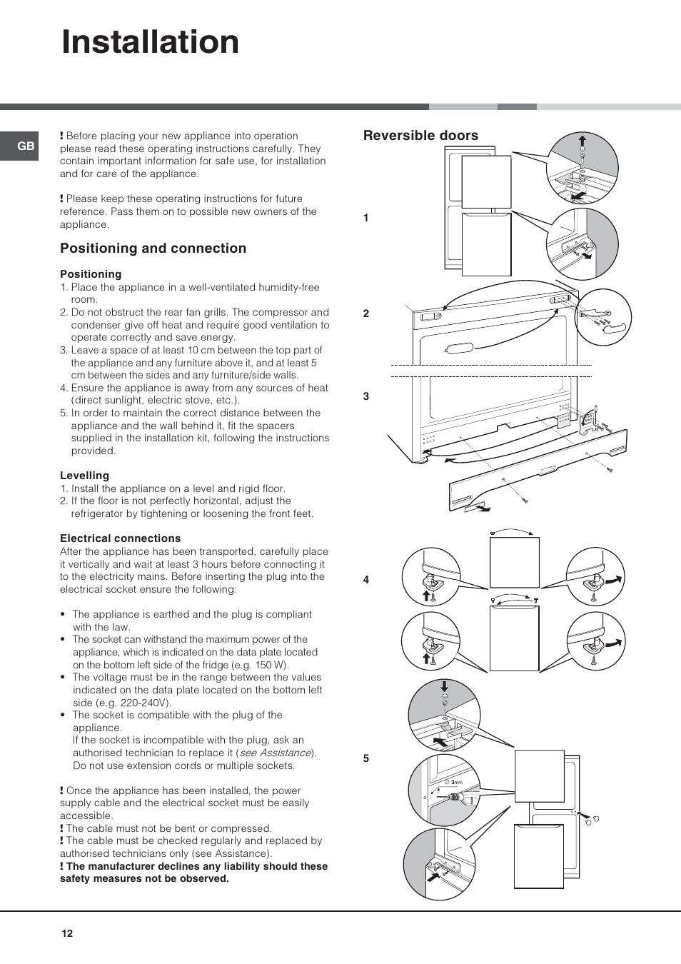 Installation, Positioning and connection, Reversible doors | Hotpoint Ariston Combinato SBM 1827V-HA User Manual | Page 12 / 72