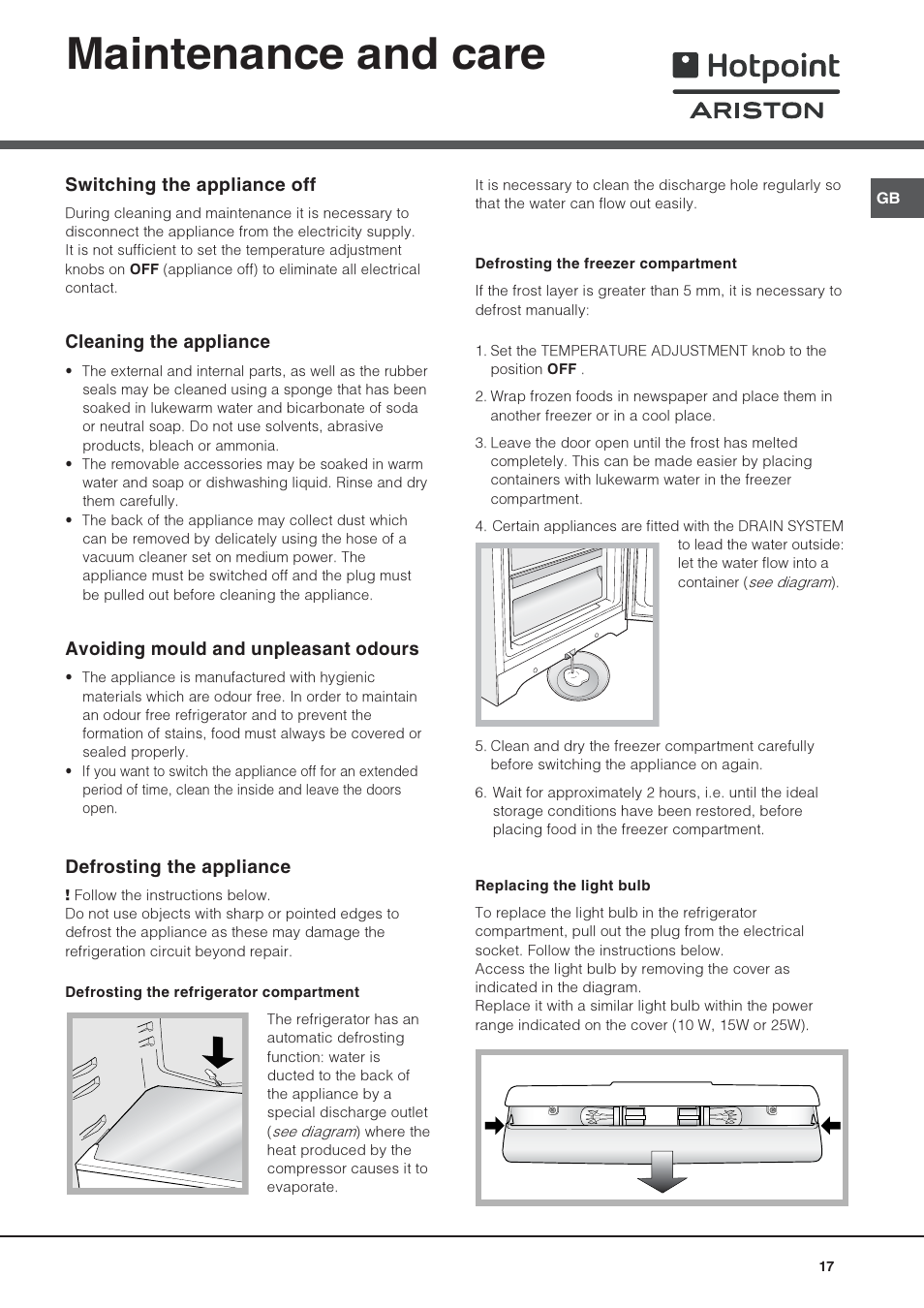Maintenance and care | Hotpoint Ariston Combinato SBM 1827V-HA User Manual | Page 17 / 72