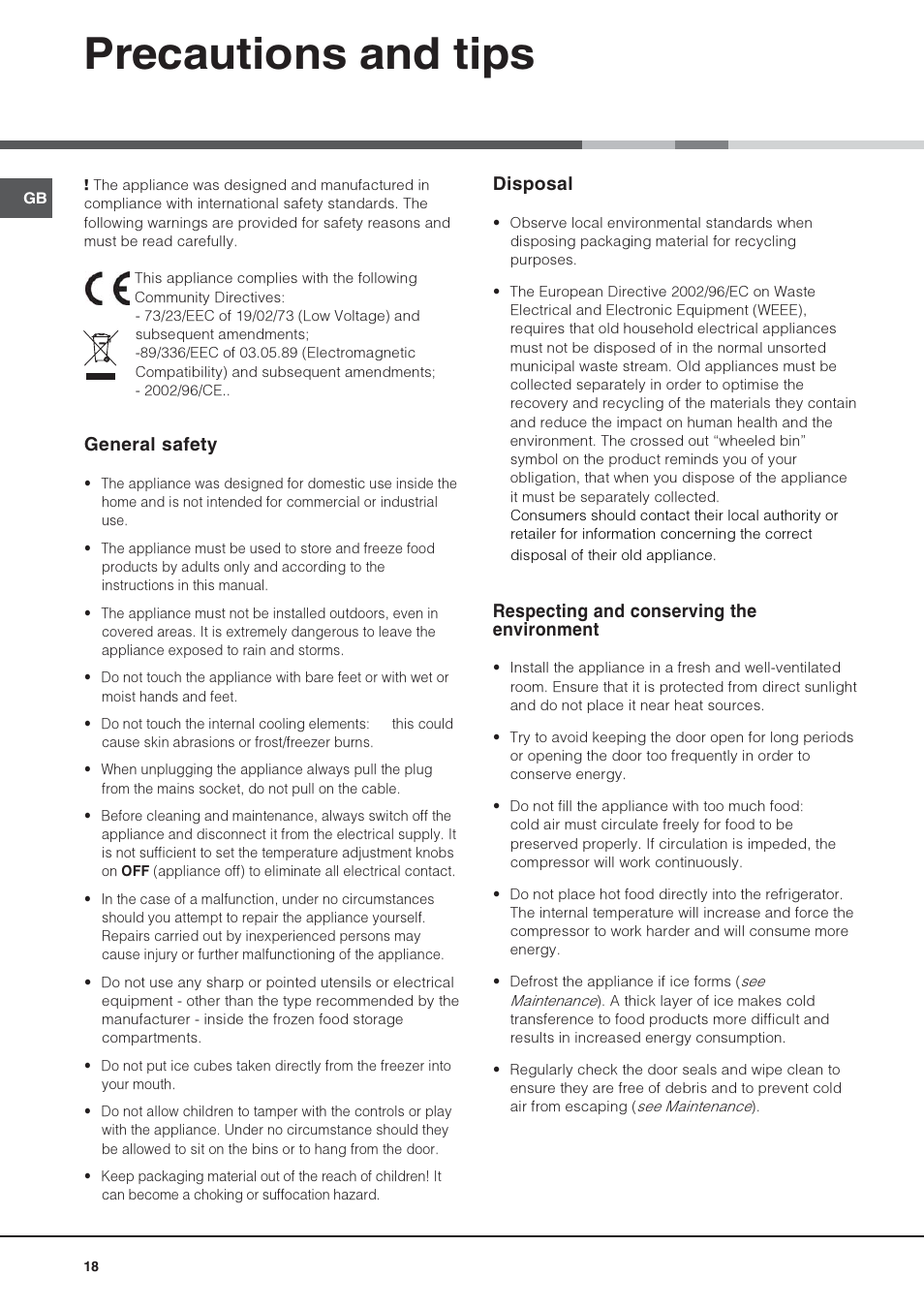 Precautions and tips, Disposal, Respecting and conserving the environment | General safety | Hotpoint Ariston Combinato SBM 1827V-HA User Manual | Page 18 / 72