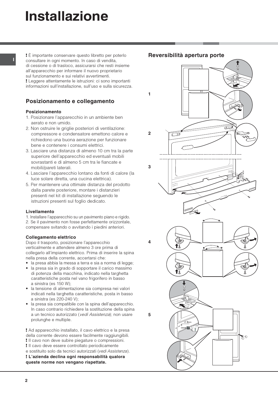 Installazione, Reversibilità apertura porte, Posizionamento e collegamento | Hotpoint Ariston Combinato SBM 1827V-HA User Manual | Page 2 / 72